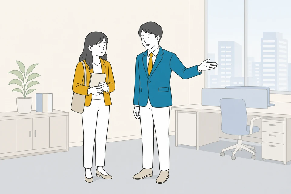 はじめての職場でノートパソコンを開き、先輩に説明を受けている人のイラスト